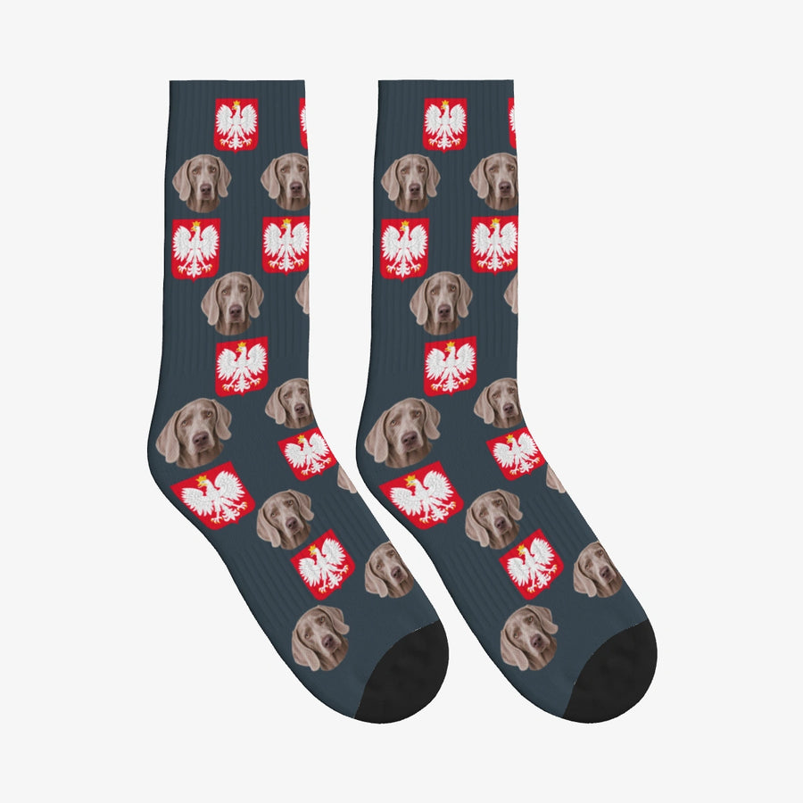 Polish Eagle Dog Face Socks in Charcoal Gray with a custom dog photo