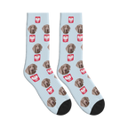 Polish Eagle Dog Face Socks in Powder Blue with a custom dog photo