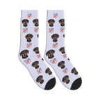 Polka Dots Dog Face Socks in Lavender with a custom dog photo
