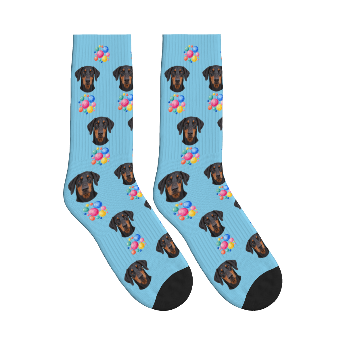 Polka Dots Dog Face Socks in Sky Blue with a custom dog photo