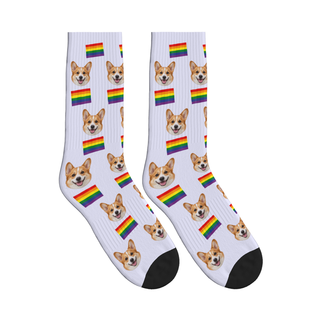 Pride Flags Dog Face Socks in Lavender with a custom dog photo