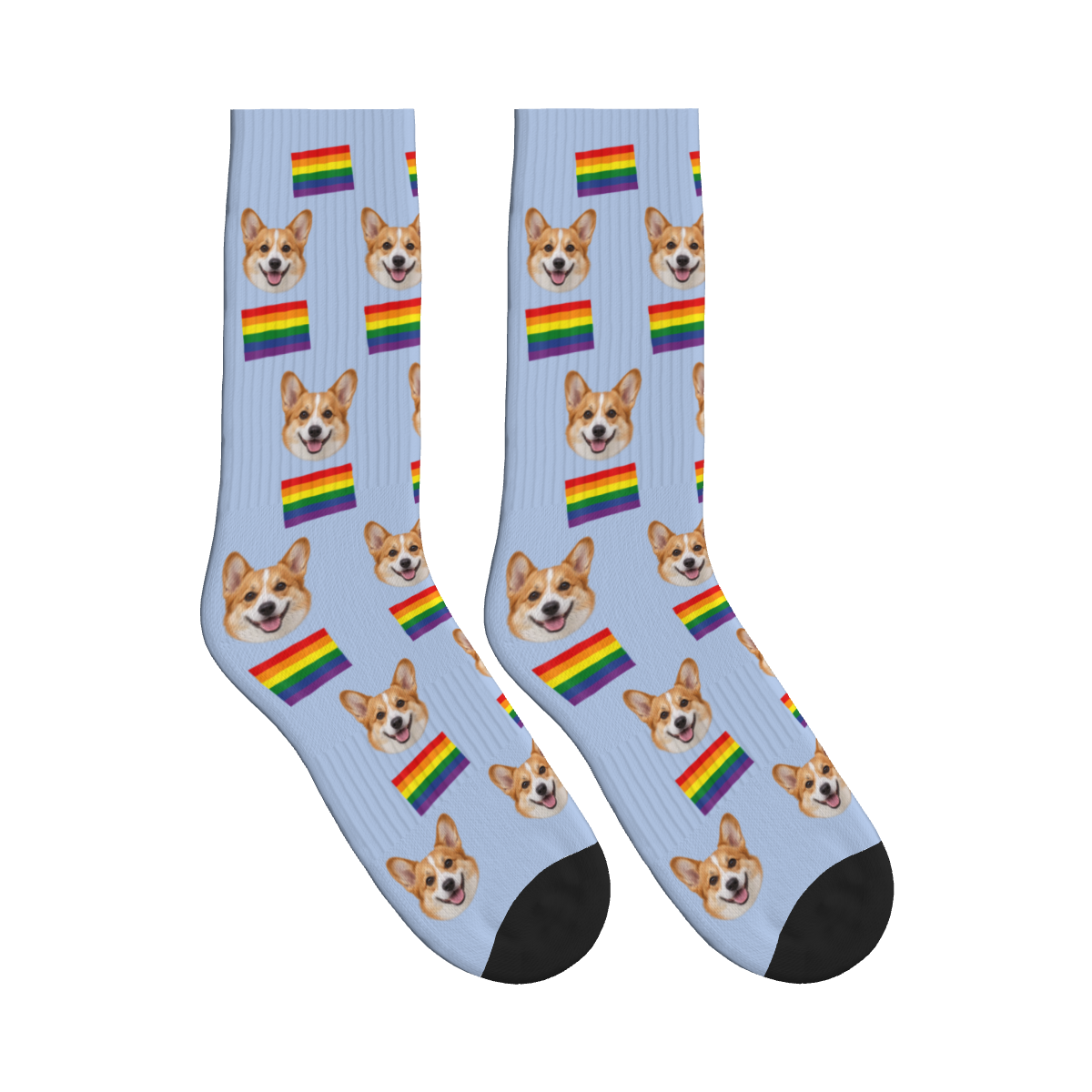Pride Flags Dog Face Socks in Periwinkle with a custom dog photo