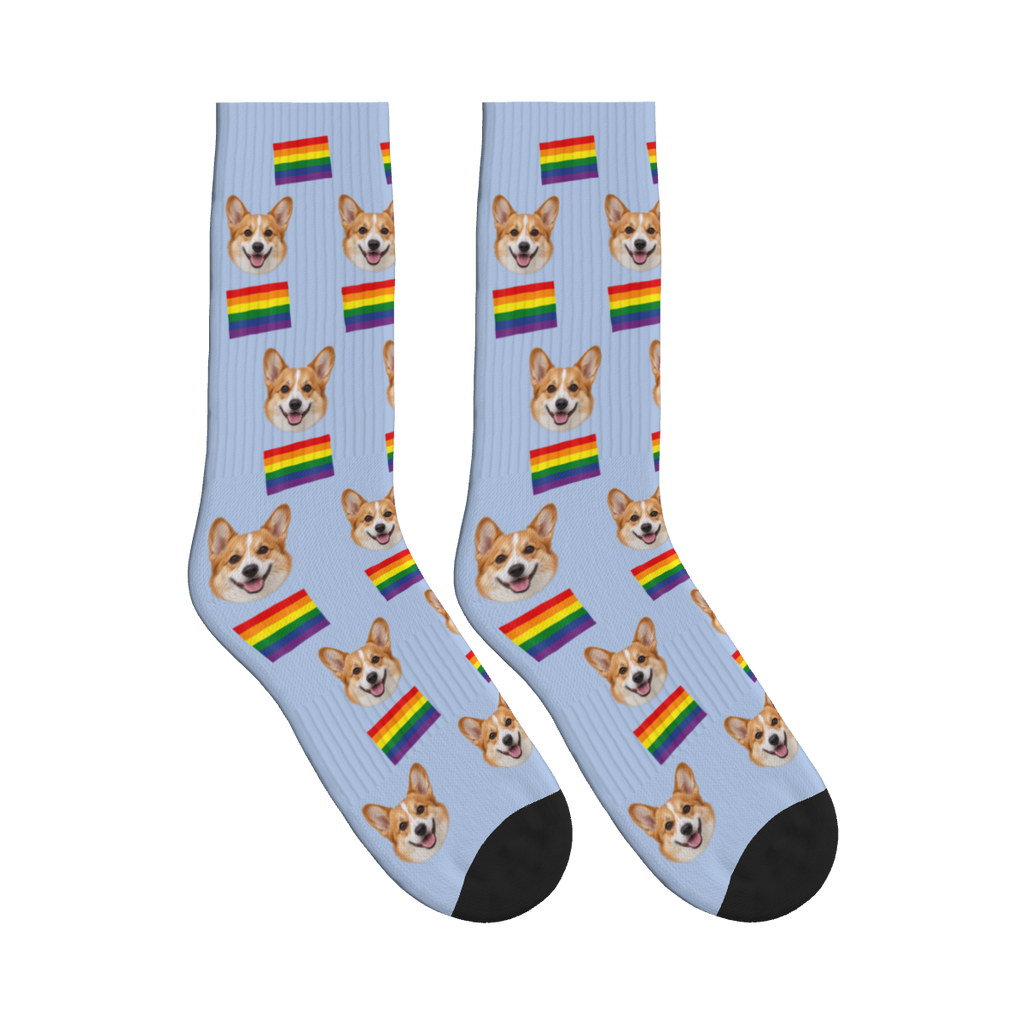 Pride Flags Dog Face Socks in Periwinkle with a custom dog photo