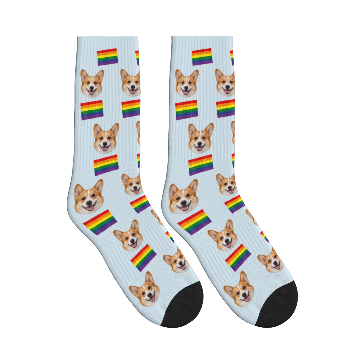 Pride Flags Dog Face Socks in Powder Blue with a custom dog photo
