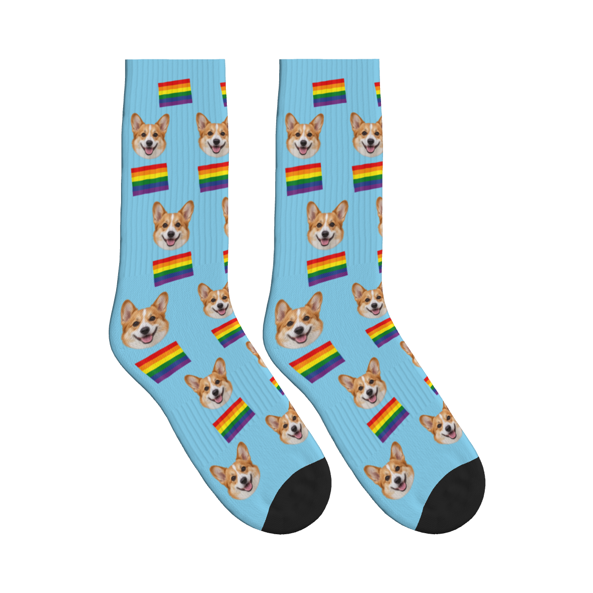 Pride Flags Dog Face Socks in Sky Blue with a custom dog photo