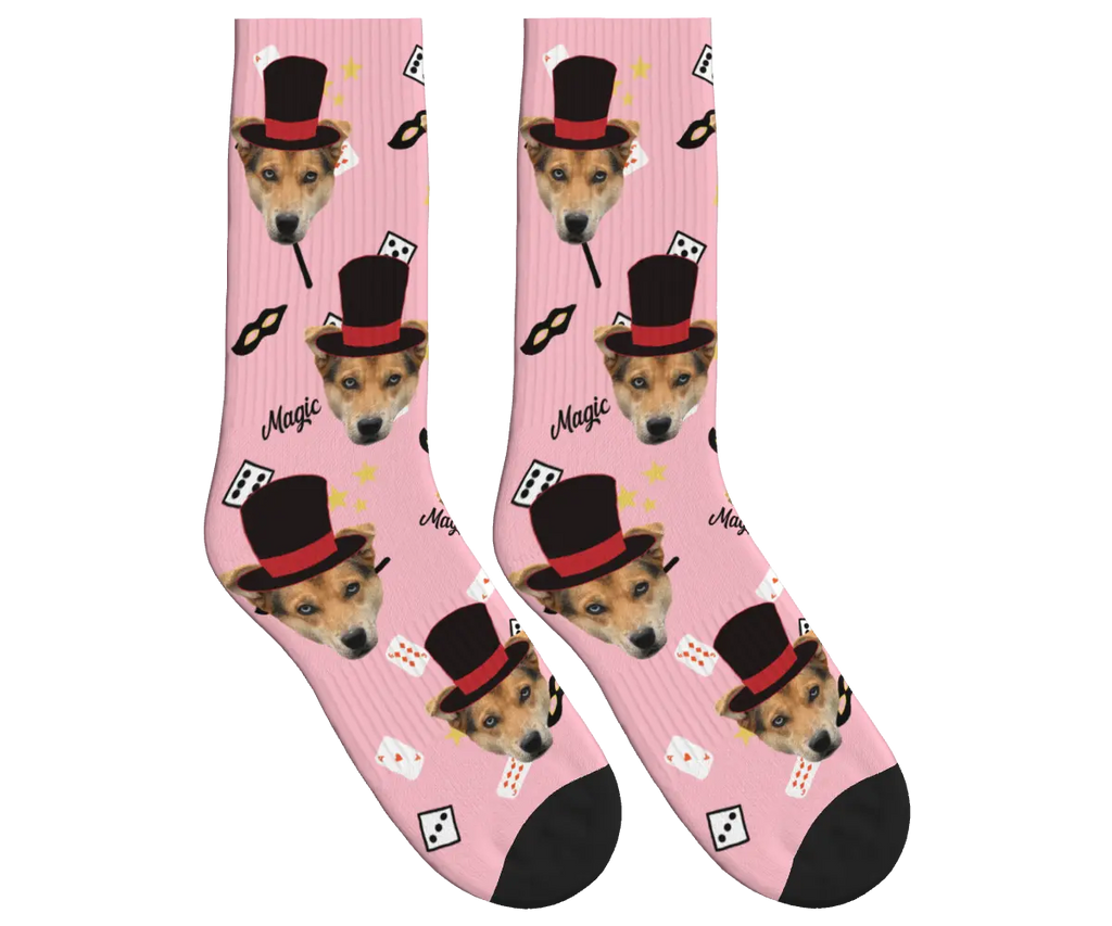 Puppy Magician Socks with Magic Elements - Pink / Crew Socks