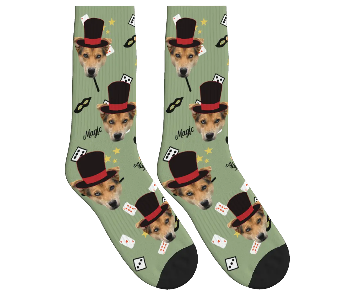 Puppy Magician Socks with Magic Elements - Sage Green / Crew Socks
