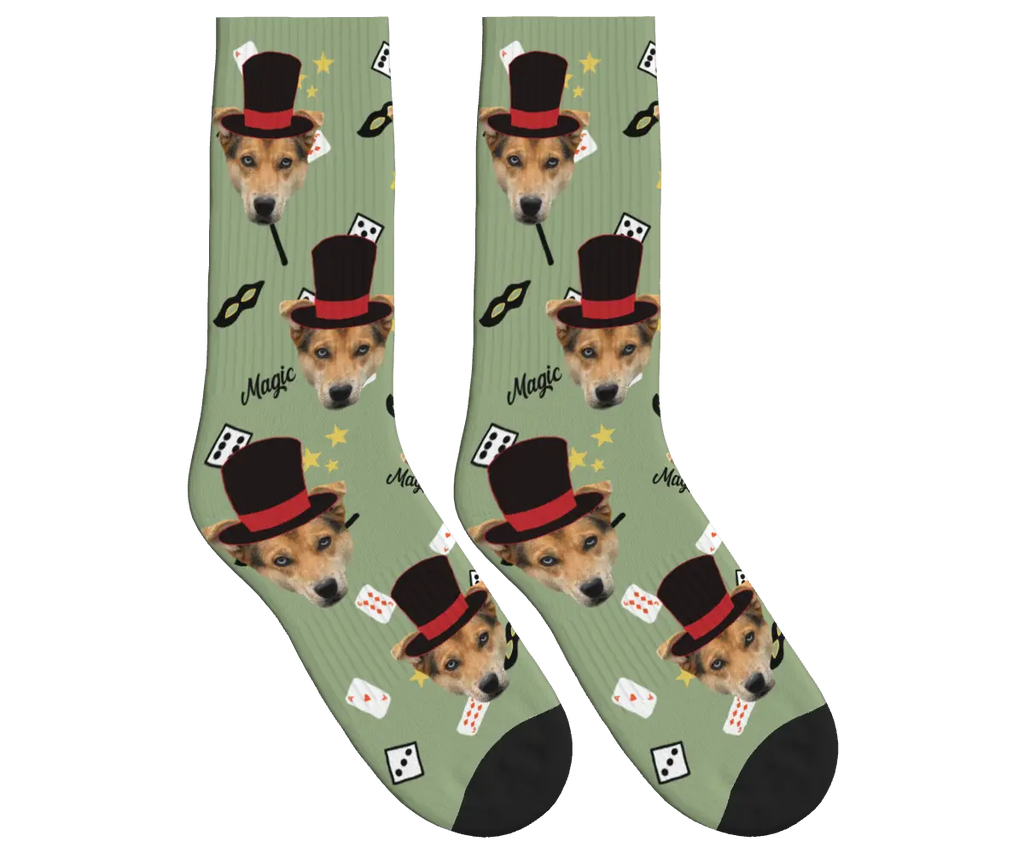 Puppy Magician Socks with Magic Elements - Sage Green / Crew Socks