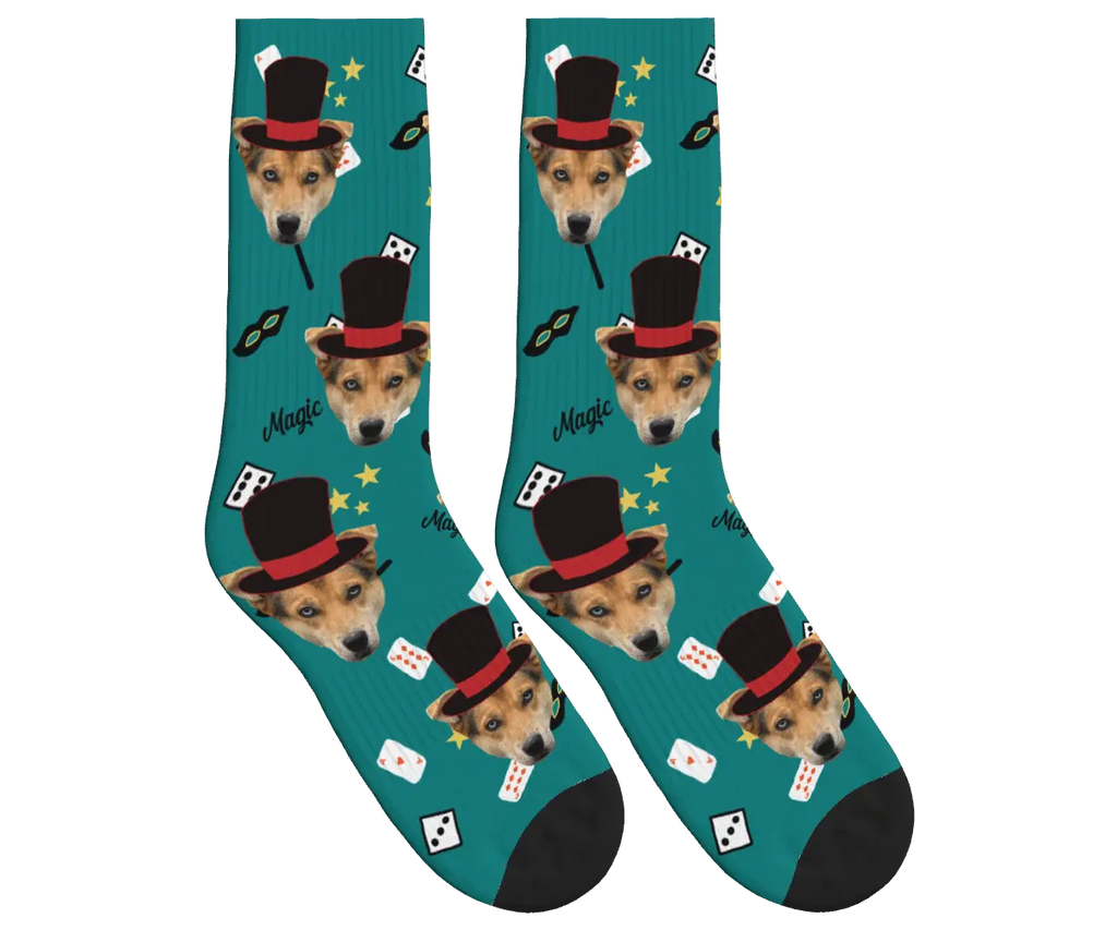 Puppy Magician Socks with Magic Elements - Teal / Crew Socks