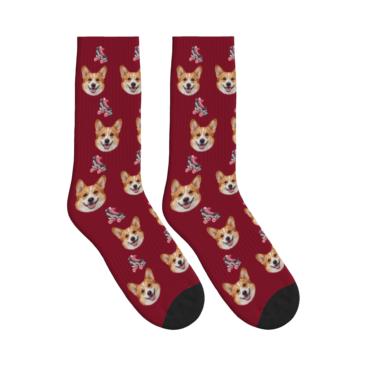 Retro Roller Skates Dog Face Socks in Burgundy with a custom dog photo