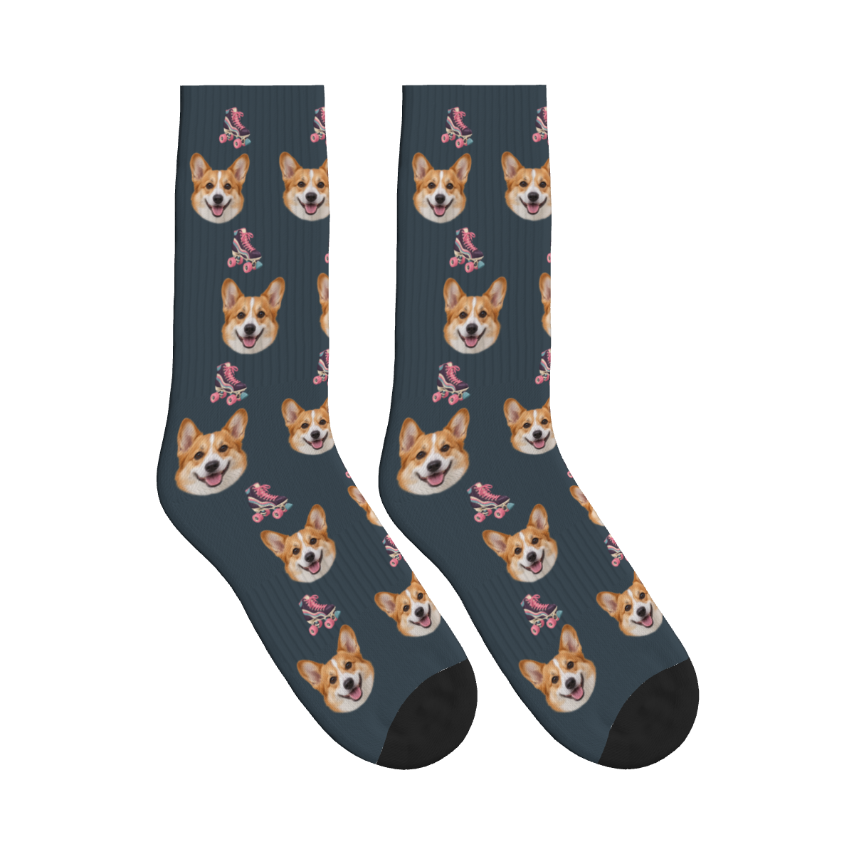 Retro Roller Skates Dog Face Socks in Charcoal Gray with a custom dog photo