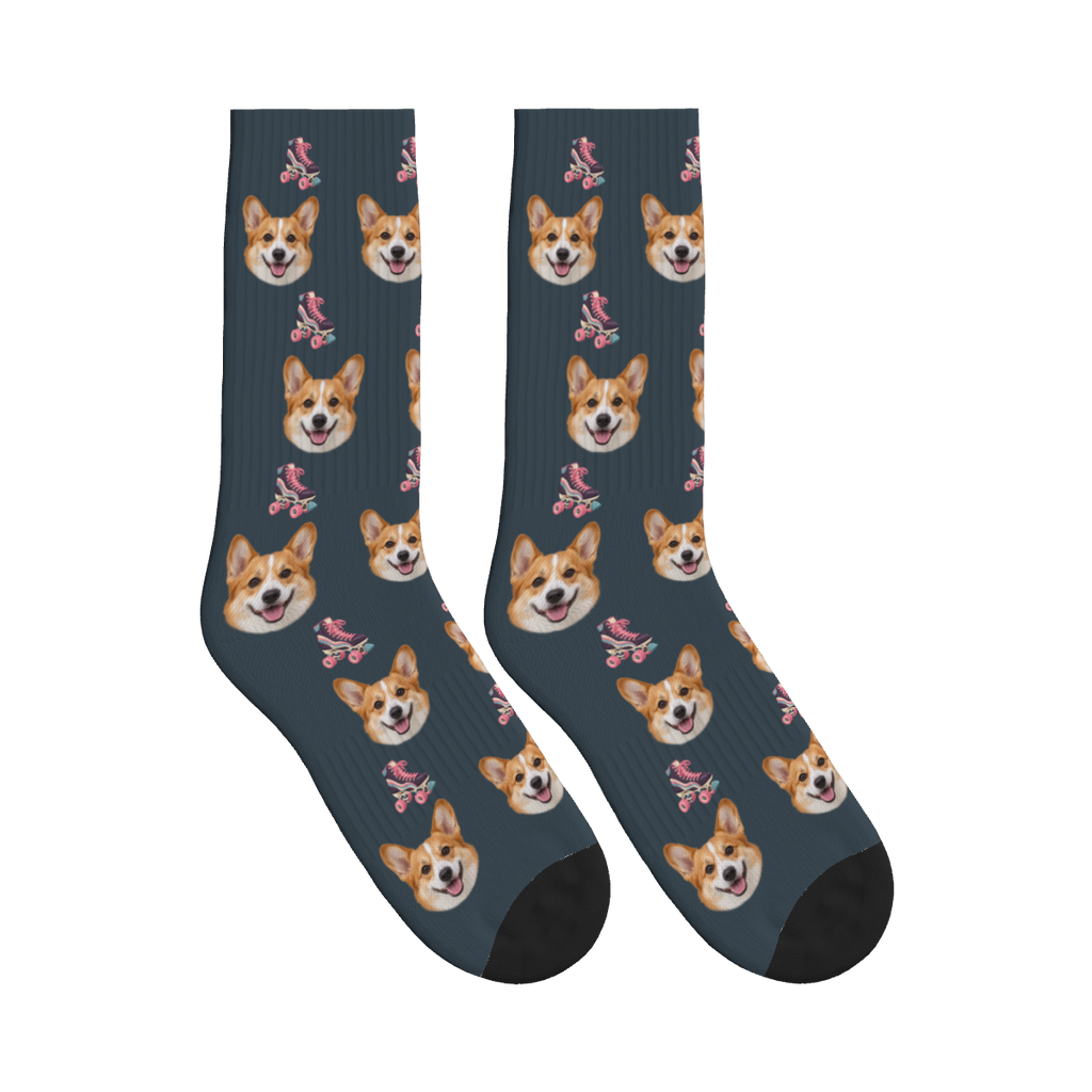 Retro Roller Skates Dog Face Socks in Charcoal Gray with a custom dog photo