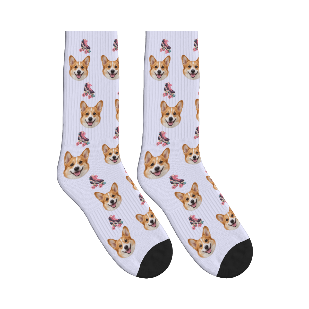 Retro Roller Skates Dog Face Socks in Lavender with a custom dog photo