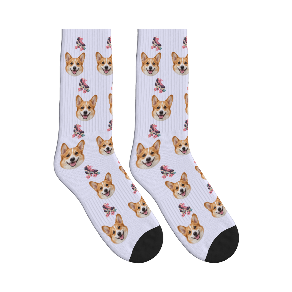 Retro Roller Skates Dog Face Socks in Lavender with a custom dog photo
