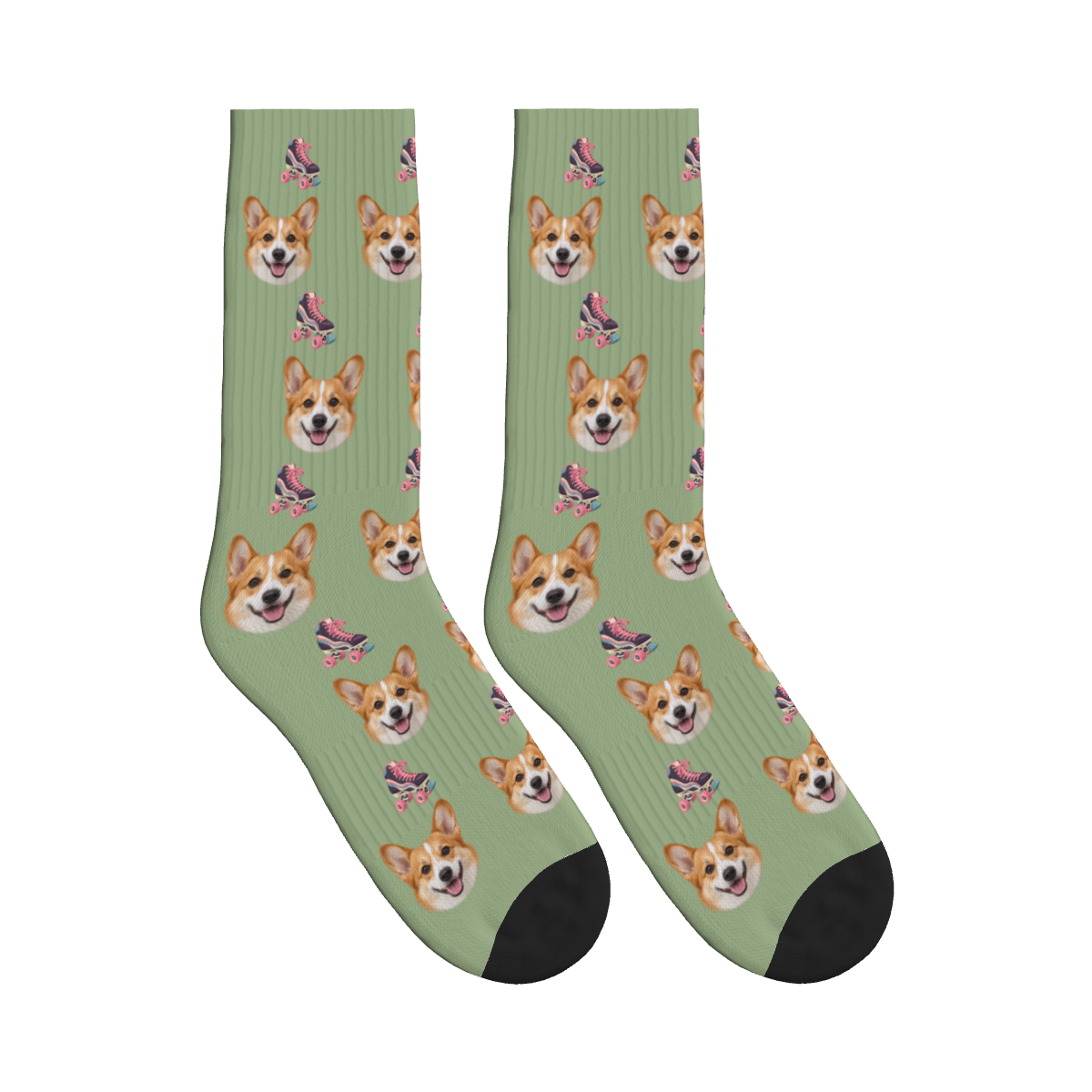 Retro Roller Skates Dog Face Socks in Sage Green with a custom dog photo
