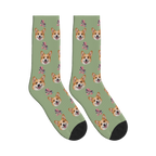 Retro Roller Skates Dog Face Socks in Sage Green with a custom dog photo