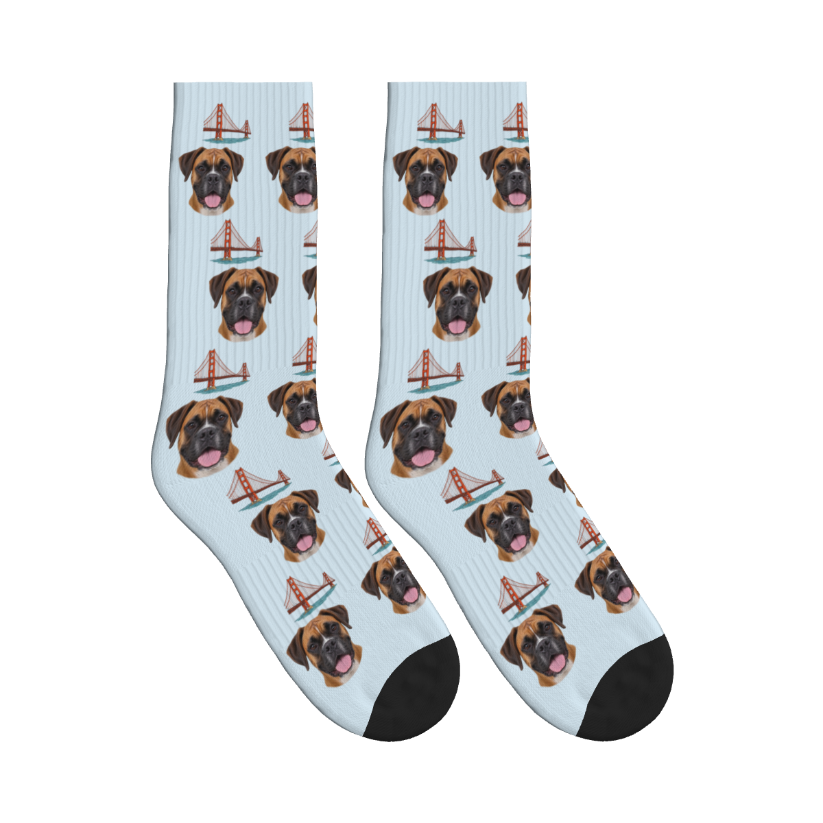 Golden Gate Bridge Dog Face Socks in Powder Blue with a custom dog photo