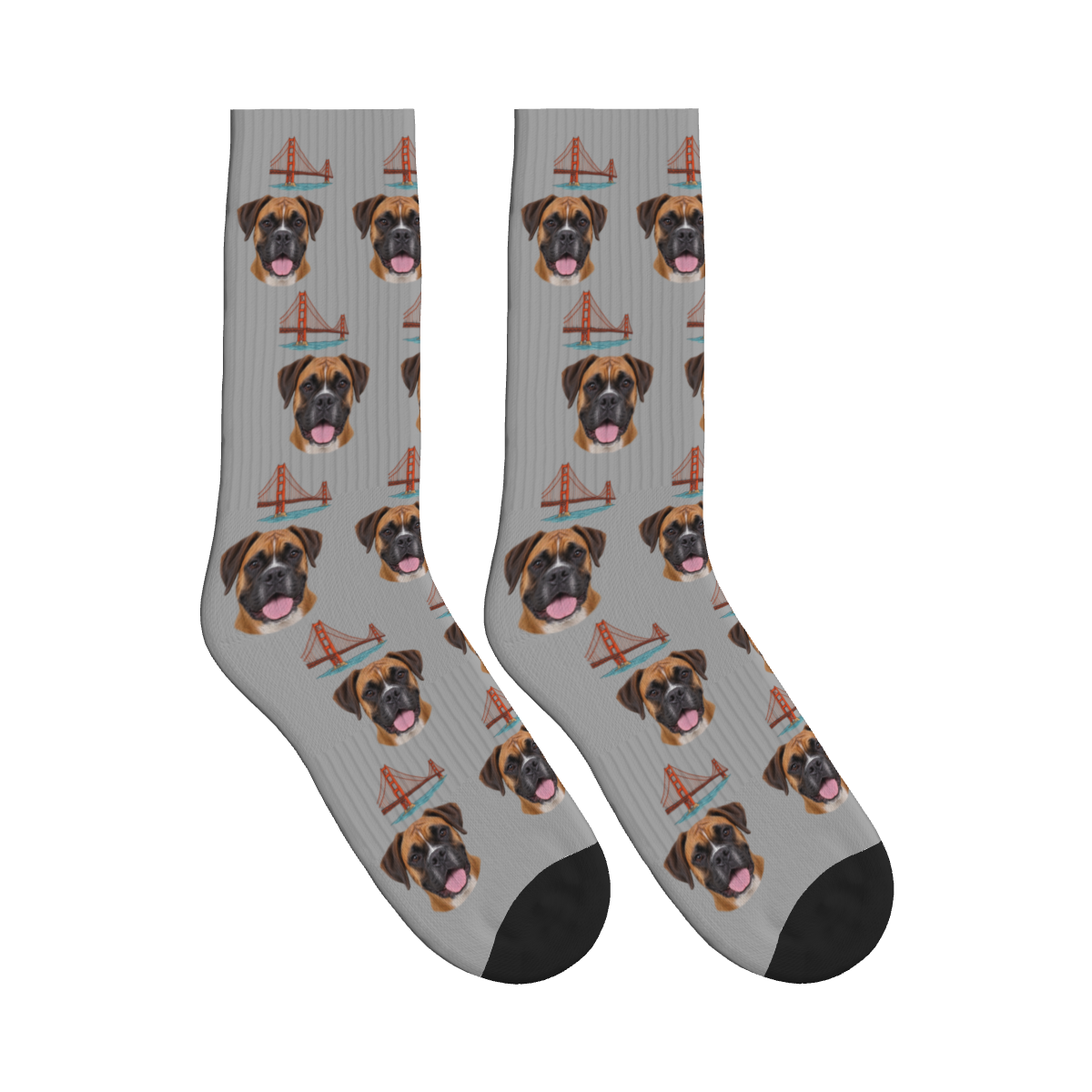 Golden Gate Bridge Dog Face Socks in Silver Gray with a custom dog photo