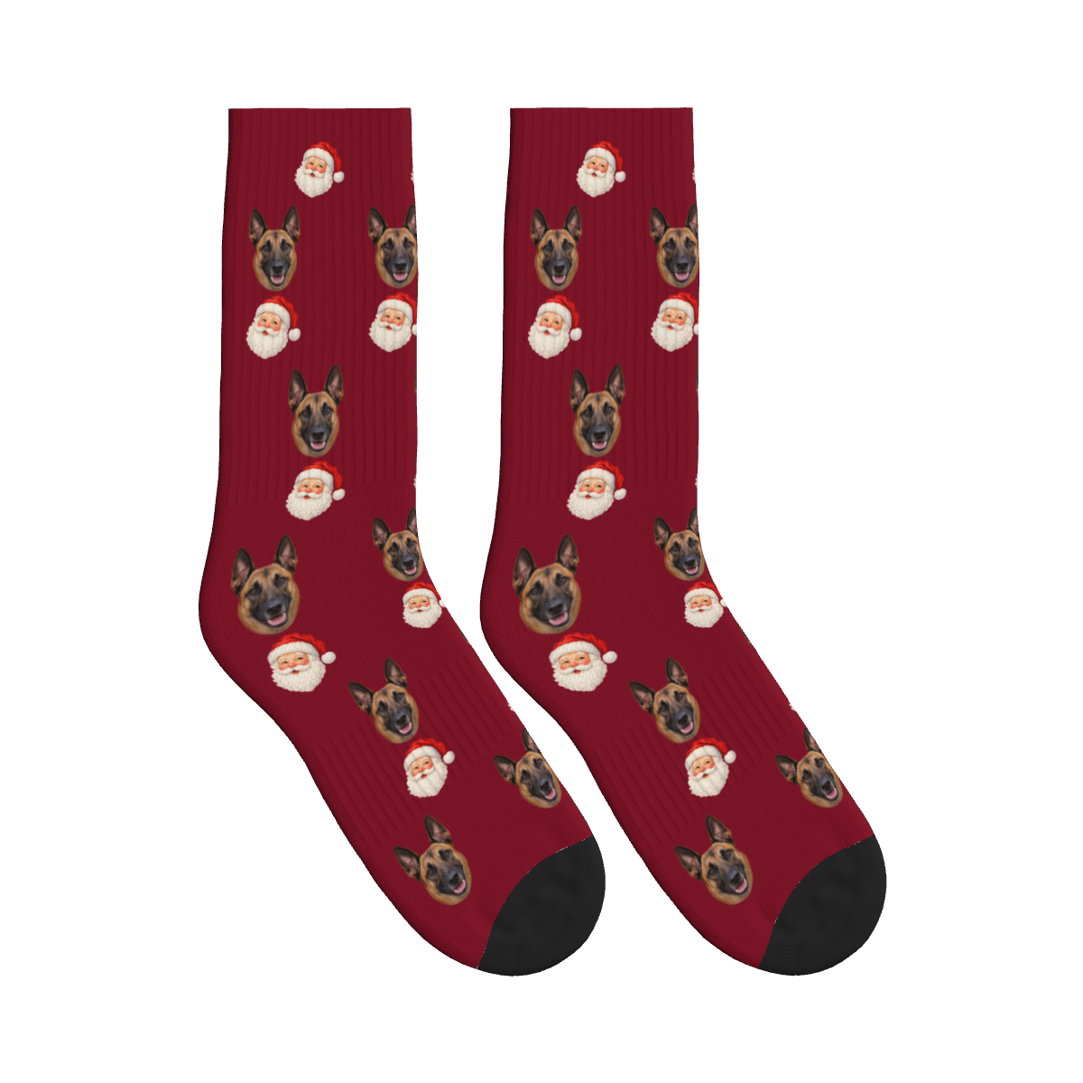 Santa Head Dog Face Socks in Burgundy with a custom dog photo