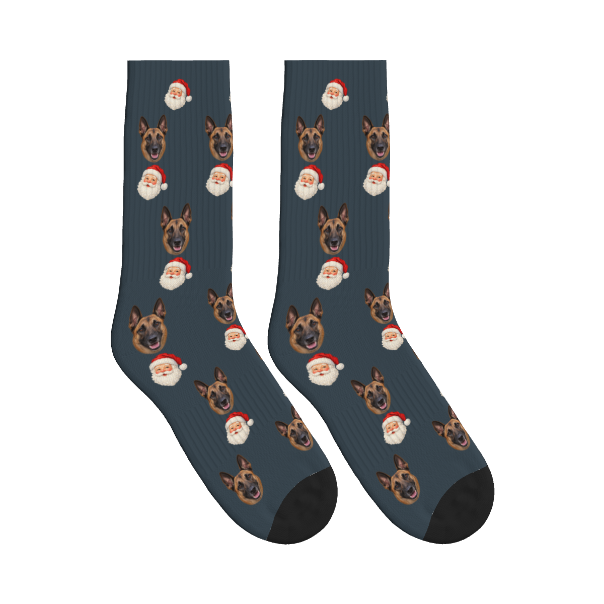 Santa Head Dog Face Socks in Charcoal Gray with a custom dog photo
