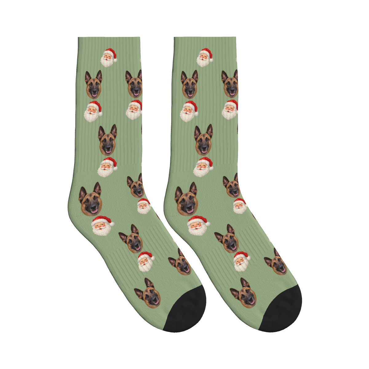 Santa Head Dog Face Socks in Sage Green with a custom dog photo