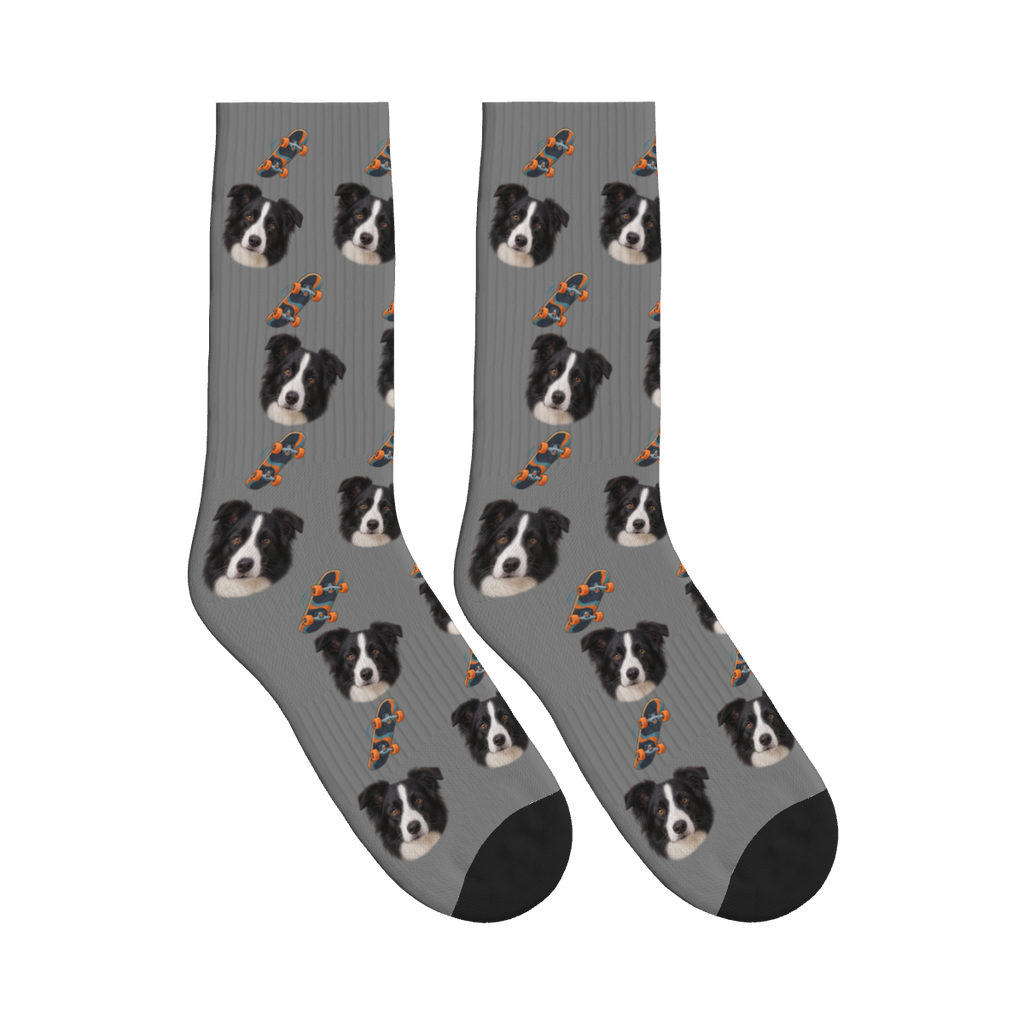 Skateboard Session Dog Face Socks in Gray with a custom dog photo