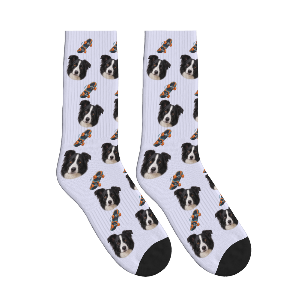 Skateboard Session Dog Face Socks in Lavender with a custom dog photo
