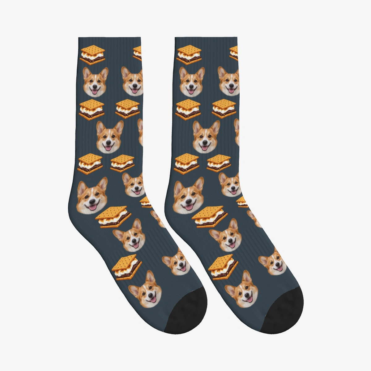 S'mores Dog Face Socks in Charcoal Gray with a custom dog photo