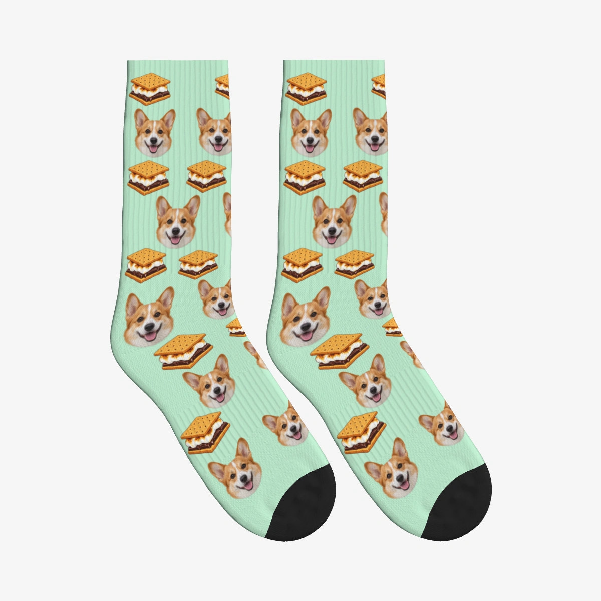 S'mores Dog Face Socks in Mint Green with a custom dog photo