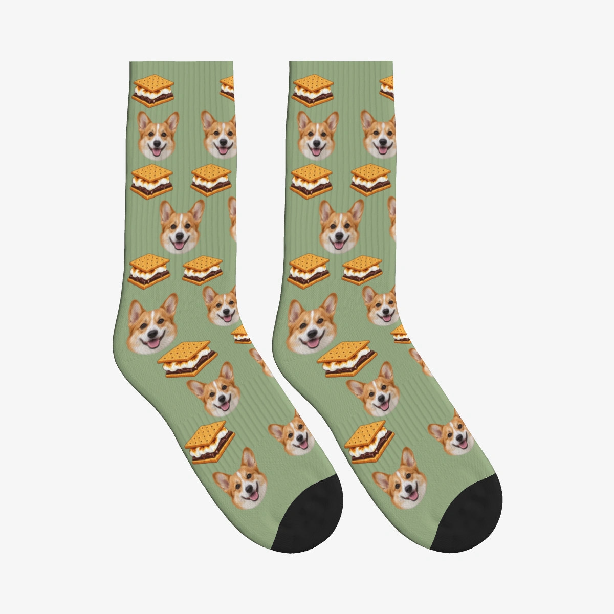 S'mores Dog Face Socks in Sage Green with a custom dog photo