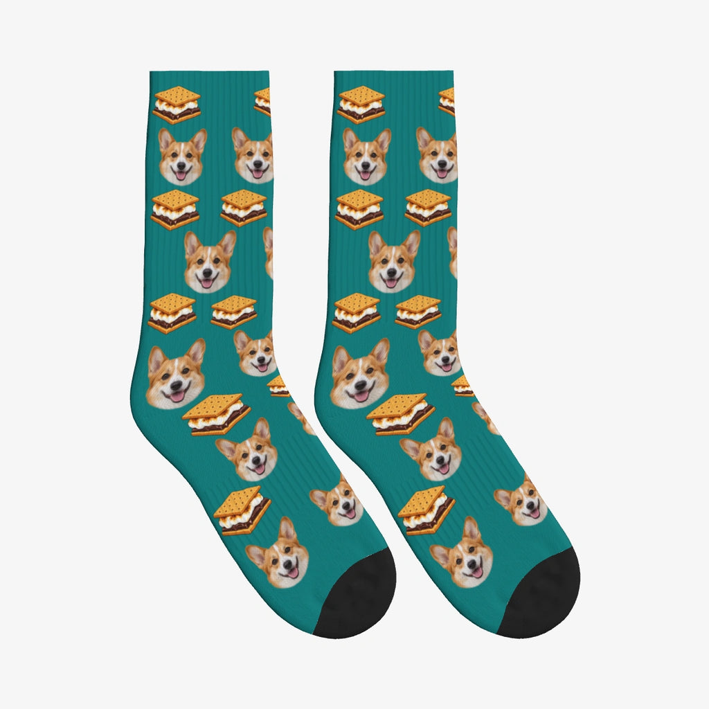 S'mores Dog Face Socks in Teal with a custom dog photo