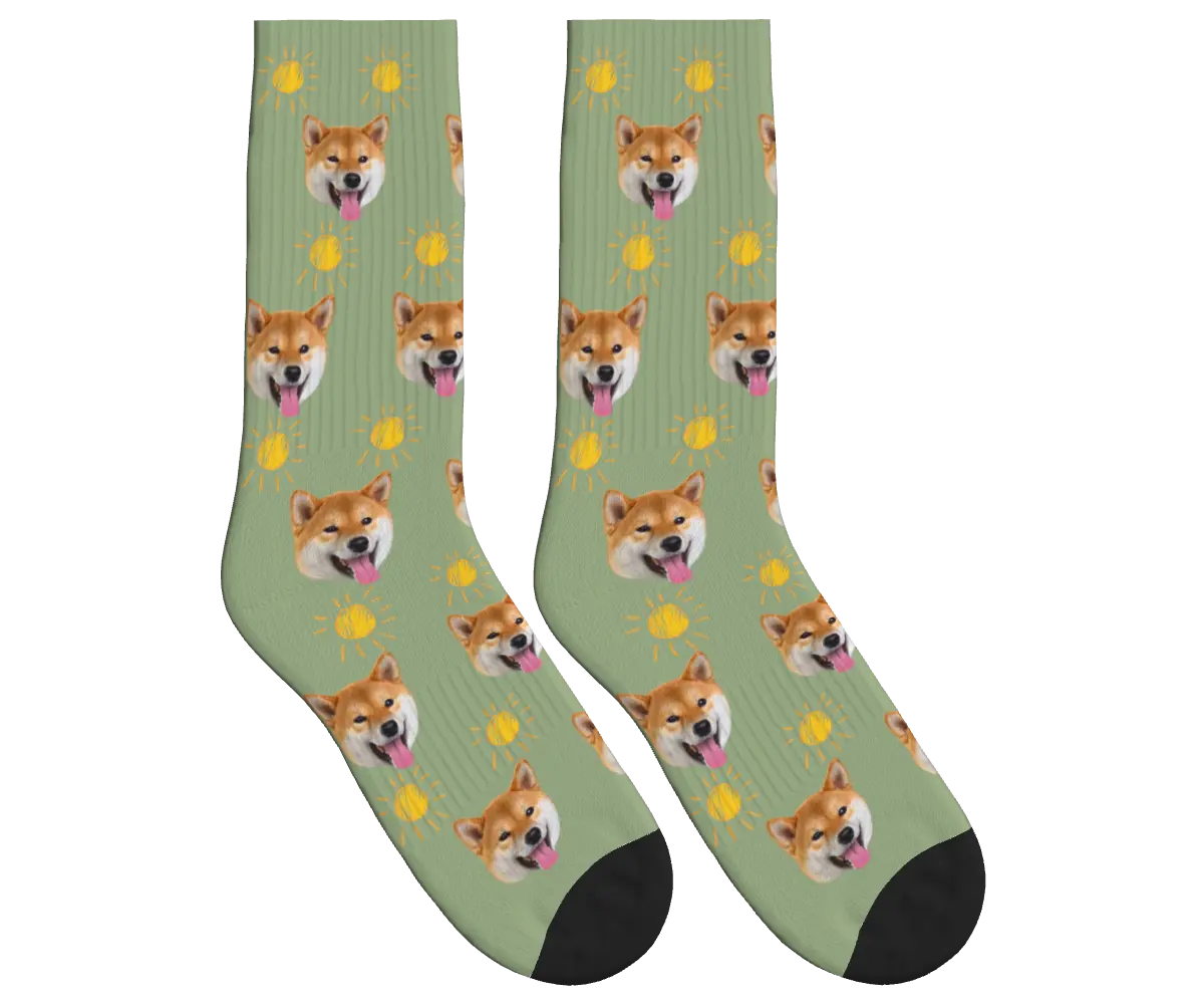 Suns & Dog Faces Socks - Sage Green / Crew Socks