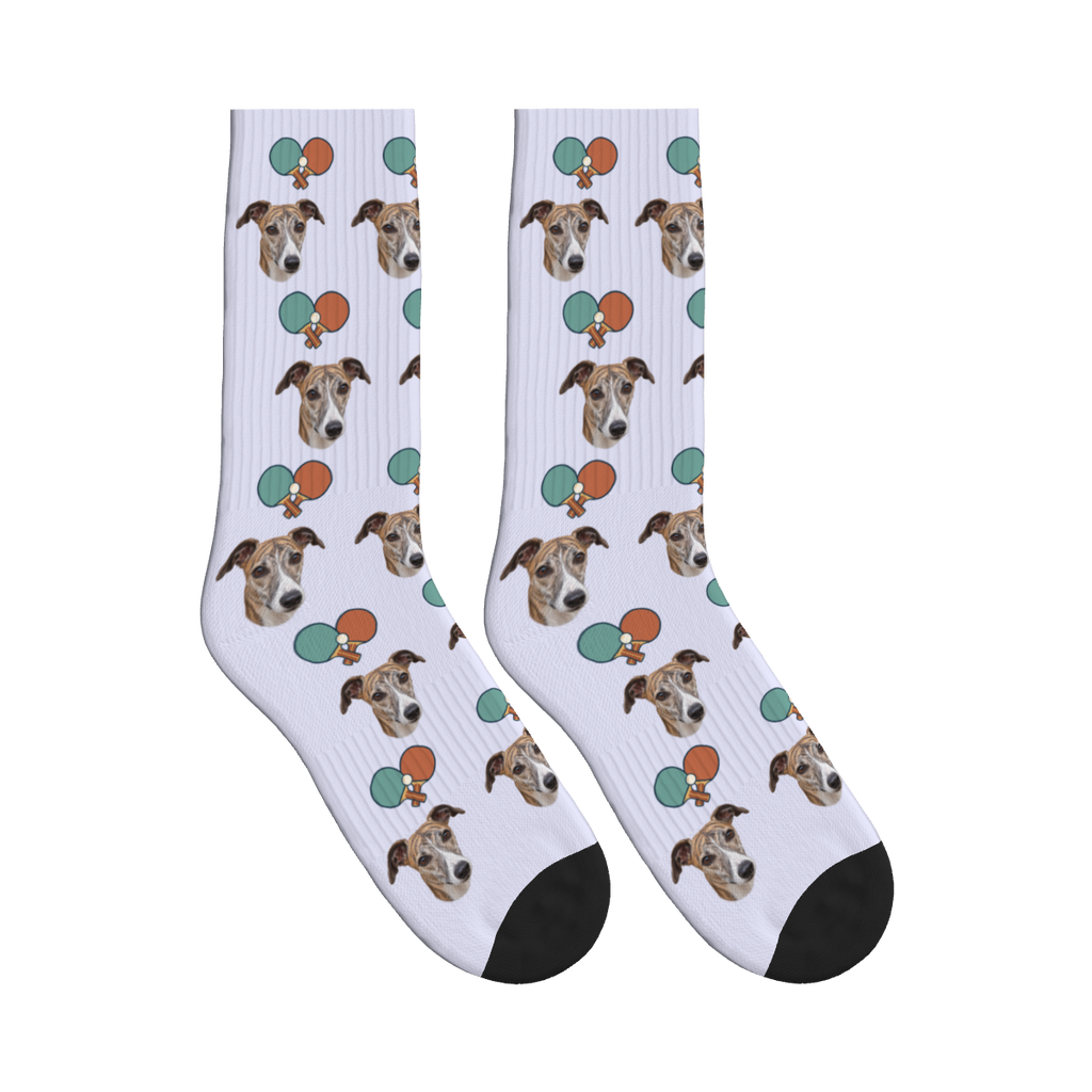 Table Tennis Rally Dog Face Socks in Lavender with a custom dog photo