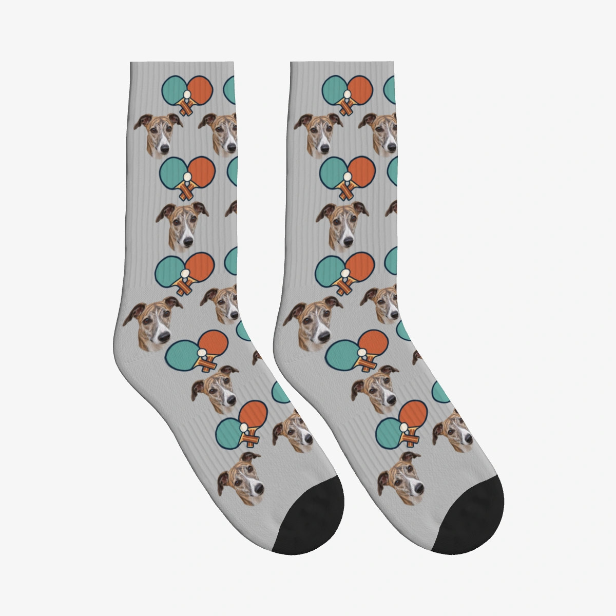 Table Tennis Rally Dog Face Socks in Light Gray with a custom dog photo