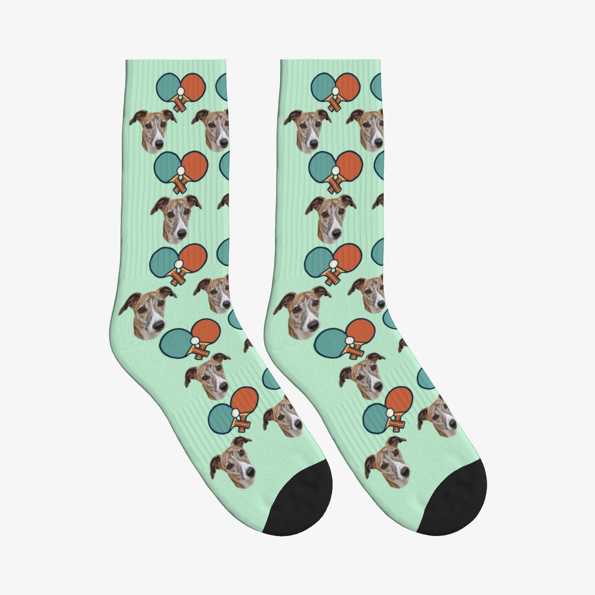 Table Tennis Rally Dog Face Socks in Mint Green with a custom dog photo