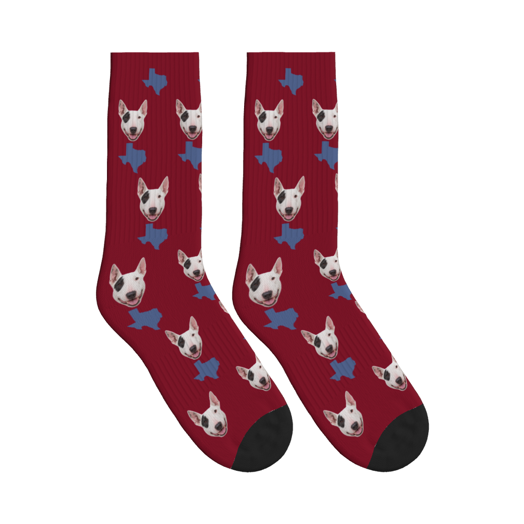 Texas Map Dog Face Socks in Burgundy with a custom dog photo