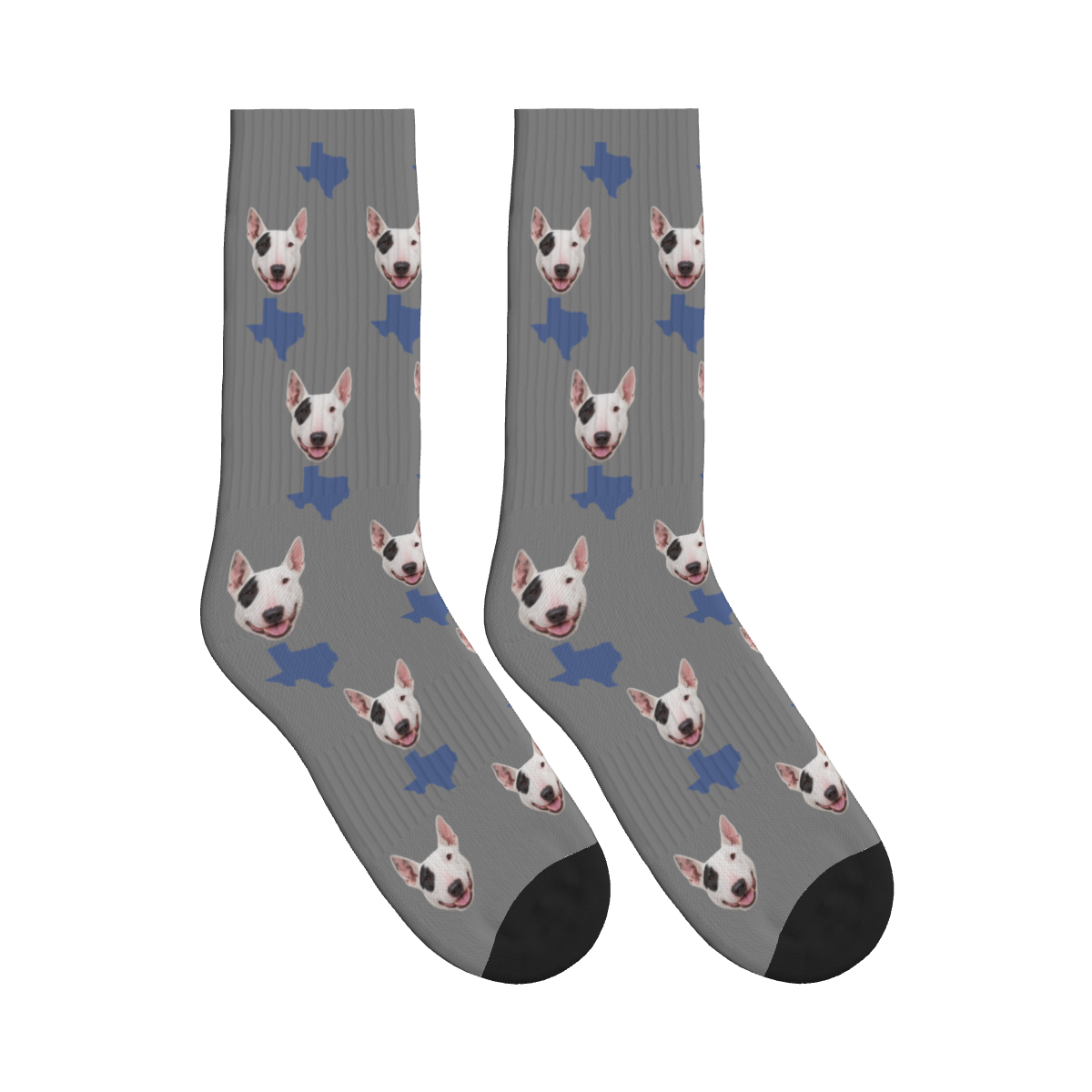 Texas Map Dog Face Socks in Gray with a custom dog photo