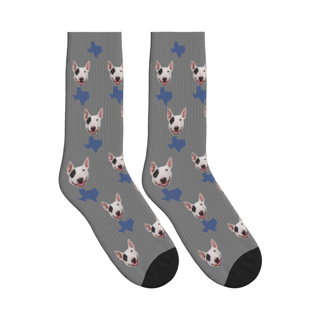 Texas Map Dog Face Socks in Gray with a custom dog photo