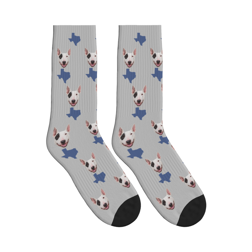 Texas Map Dog Face Socks in Light Gray with a custom dog photo