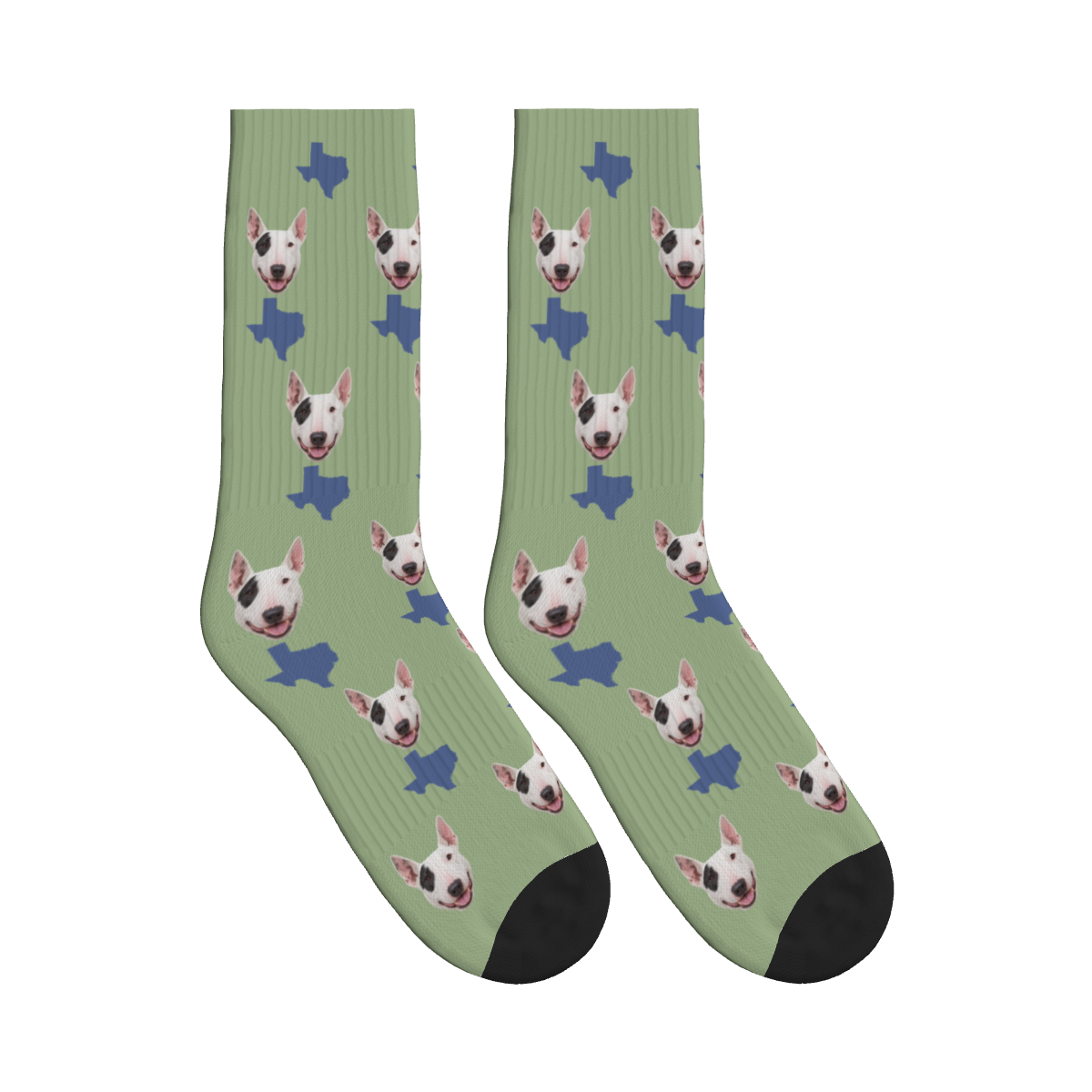 Texas Map Dog Face Socks in Sage Green with a custom dog photo