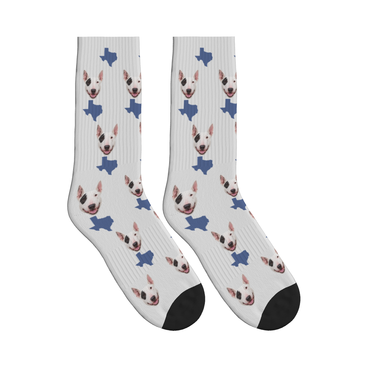 Texas Map Dog Face Socks in Very Light Gray with a custom dog photo
