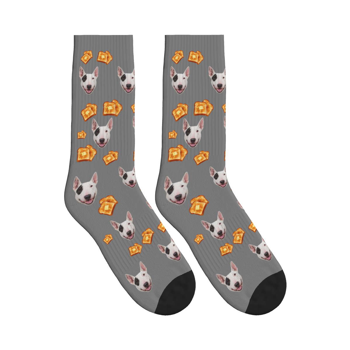 Toast Dog Face Socks in Gray with a custom dog photo