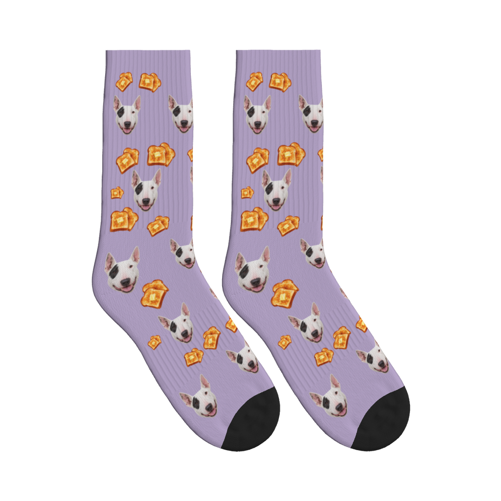 Toast Dog Face Socks in Muted Lilac with a custom dog photo