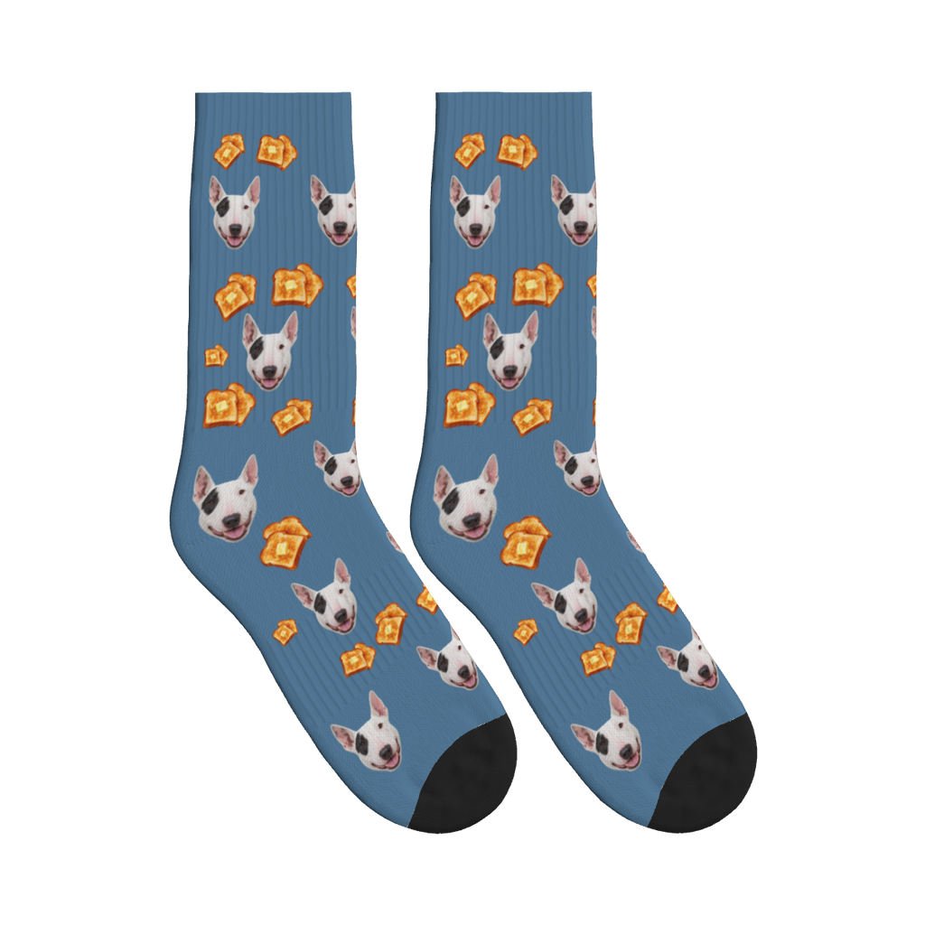 Toast Dog Face Socks in Steel Blue with a custom dog photo