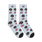 UK Flag Dog Face Socks in Powder Blue with a custom dog photo
