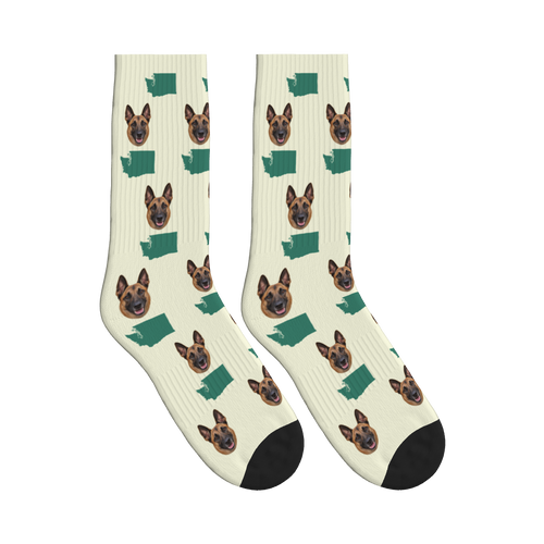 Washington State Map Dog Face Socks in Beige with a custom dog photo