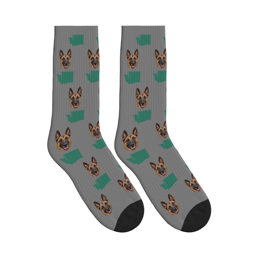 Washington State Map Dog Face Socks in Gray with a custom dog photo