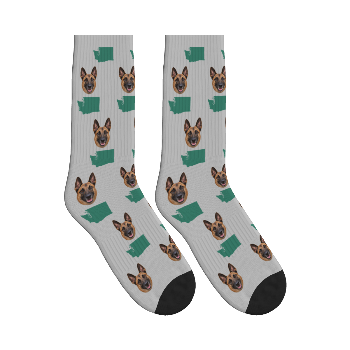 Washington State Map Dog Face Socks in Light Gray with a custom dog photo