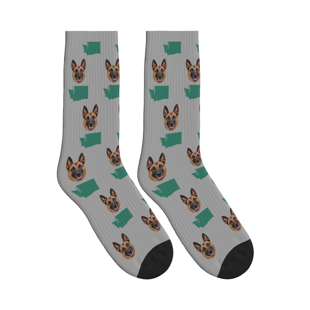 Washington State Map Dog Face Socks in Silver Gray with a custom dog photo