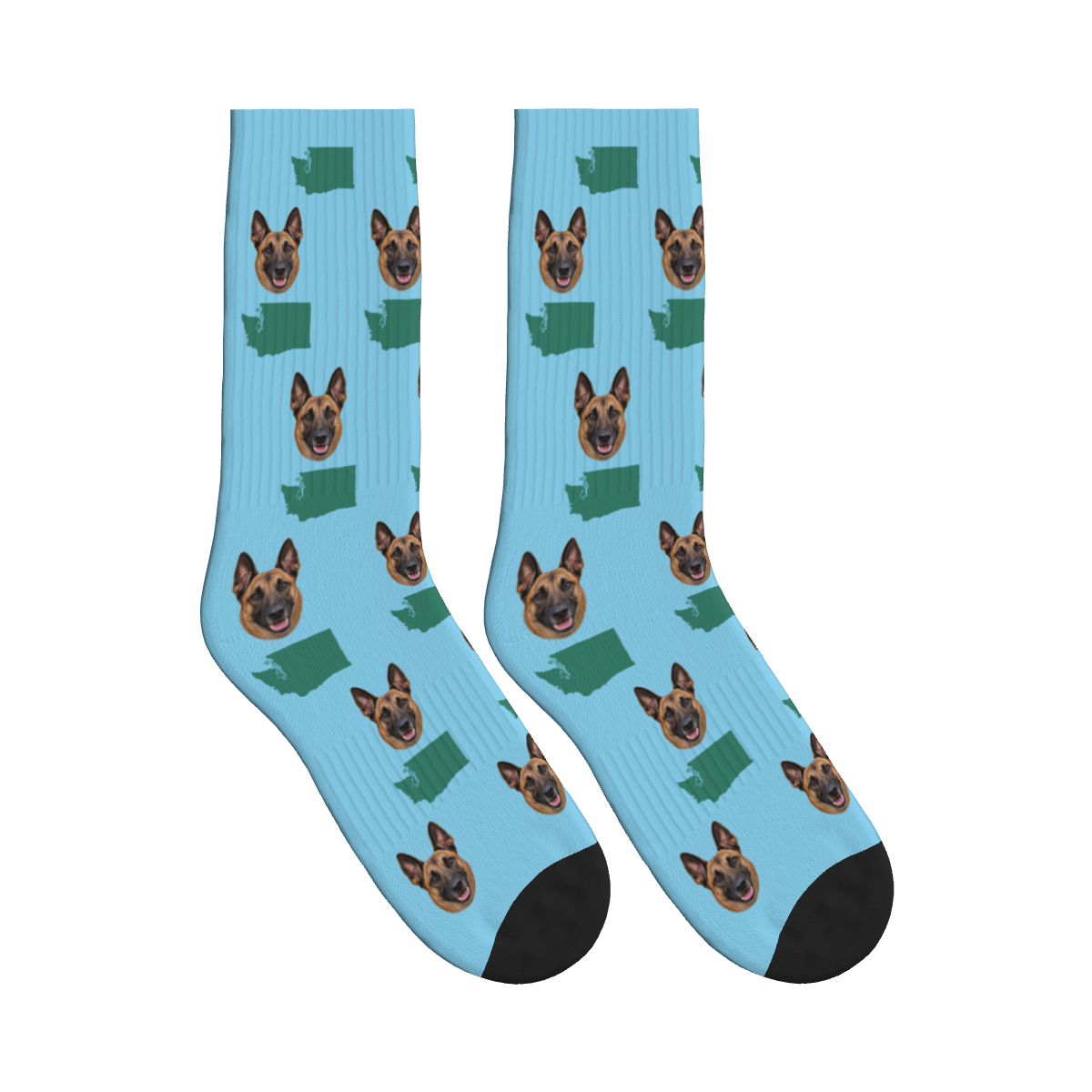 Washington State Map Dog Face Socks in Sky Blue with a custom dog photo